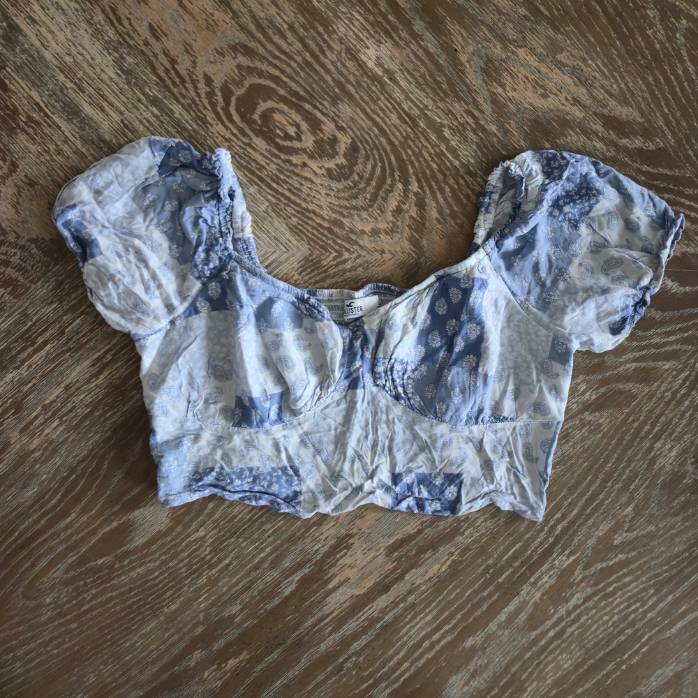 Hollister Blue Patchwork Puff Sleeve Crop Top L | Boho Cottagecore Bustier